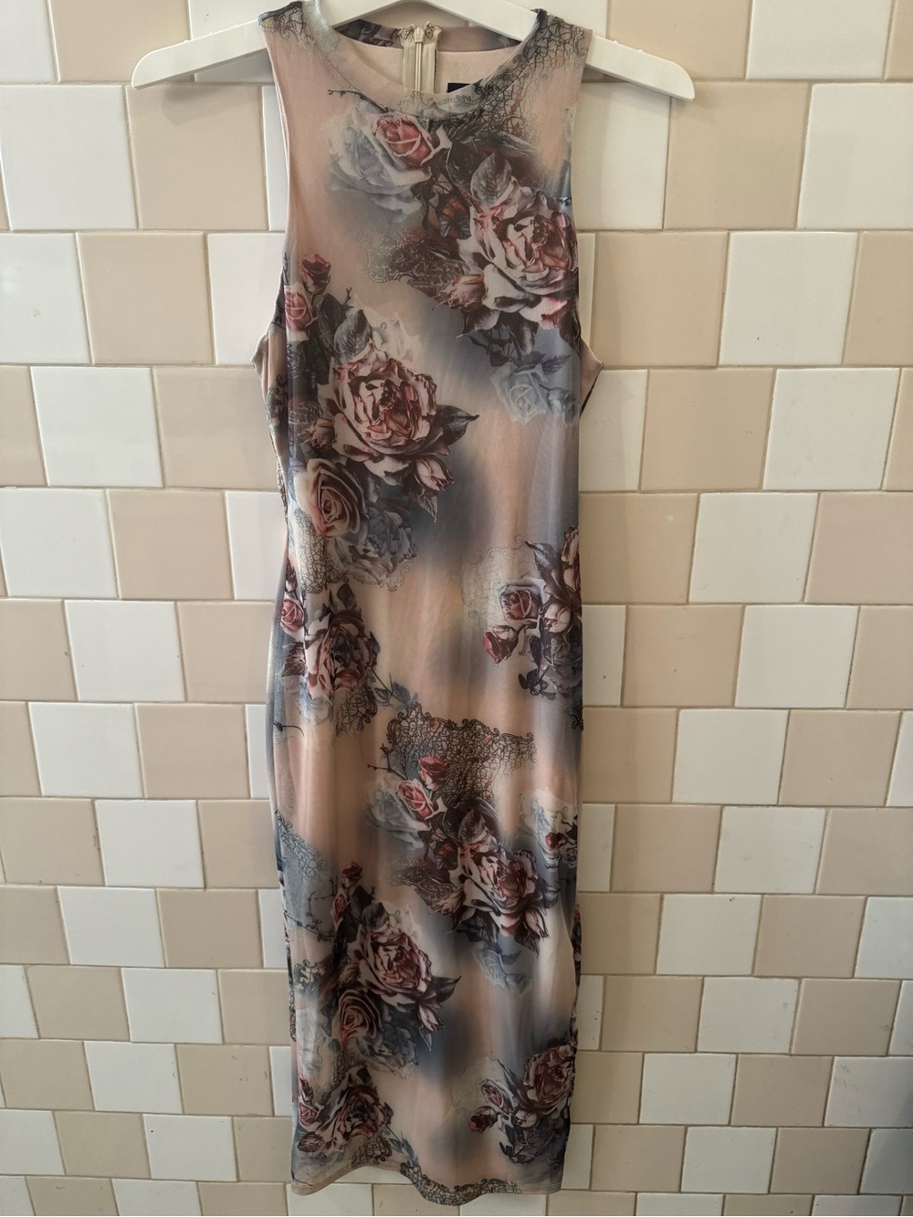 AKIRA Blush Floral Maxi Dress with Rose and Gray Accents